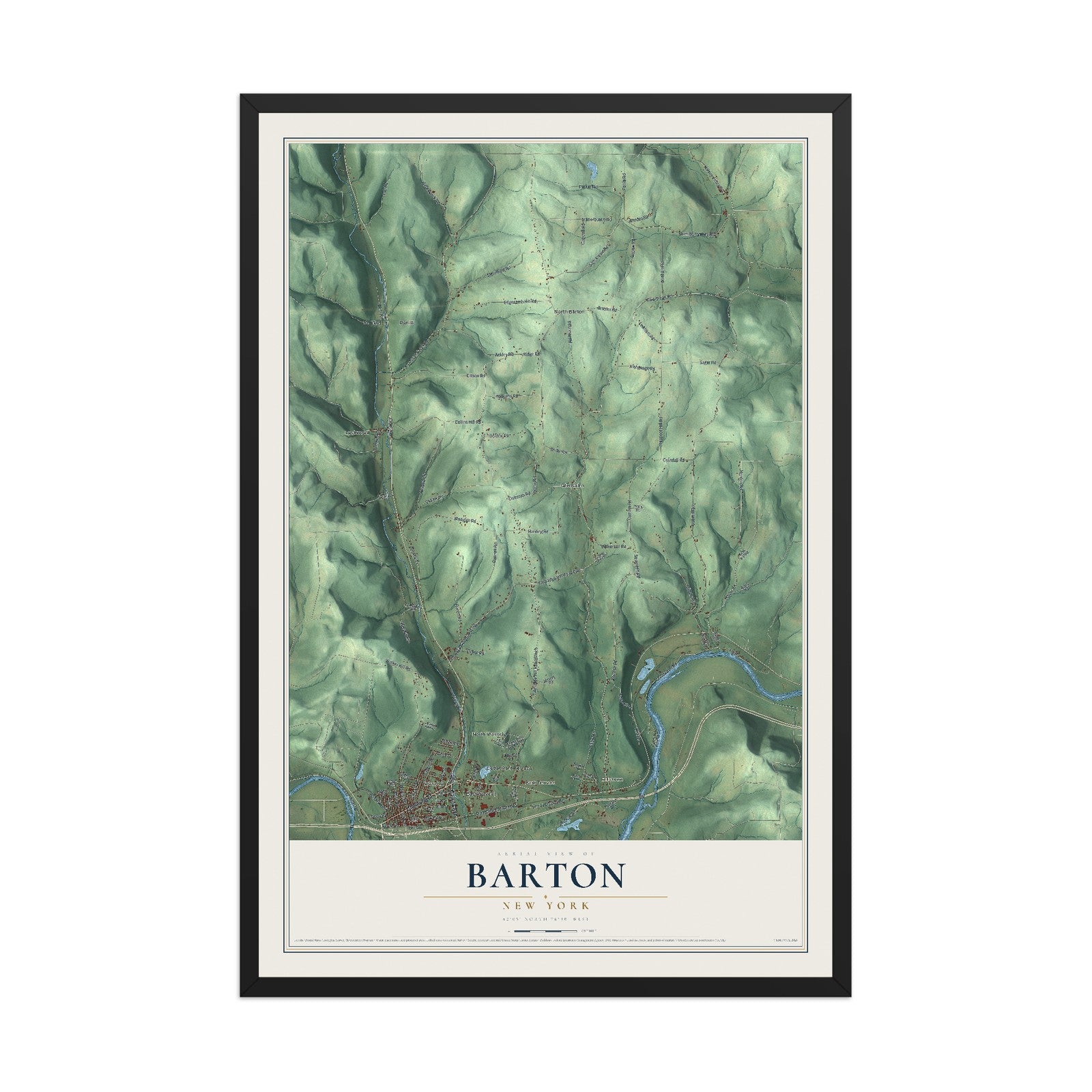 Barton, New York map print, 12" x 18" W/ Black Ayous Wood Frame mockup