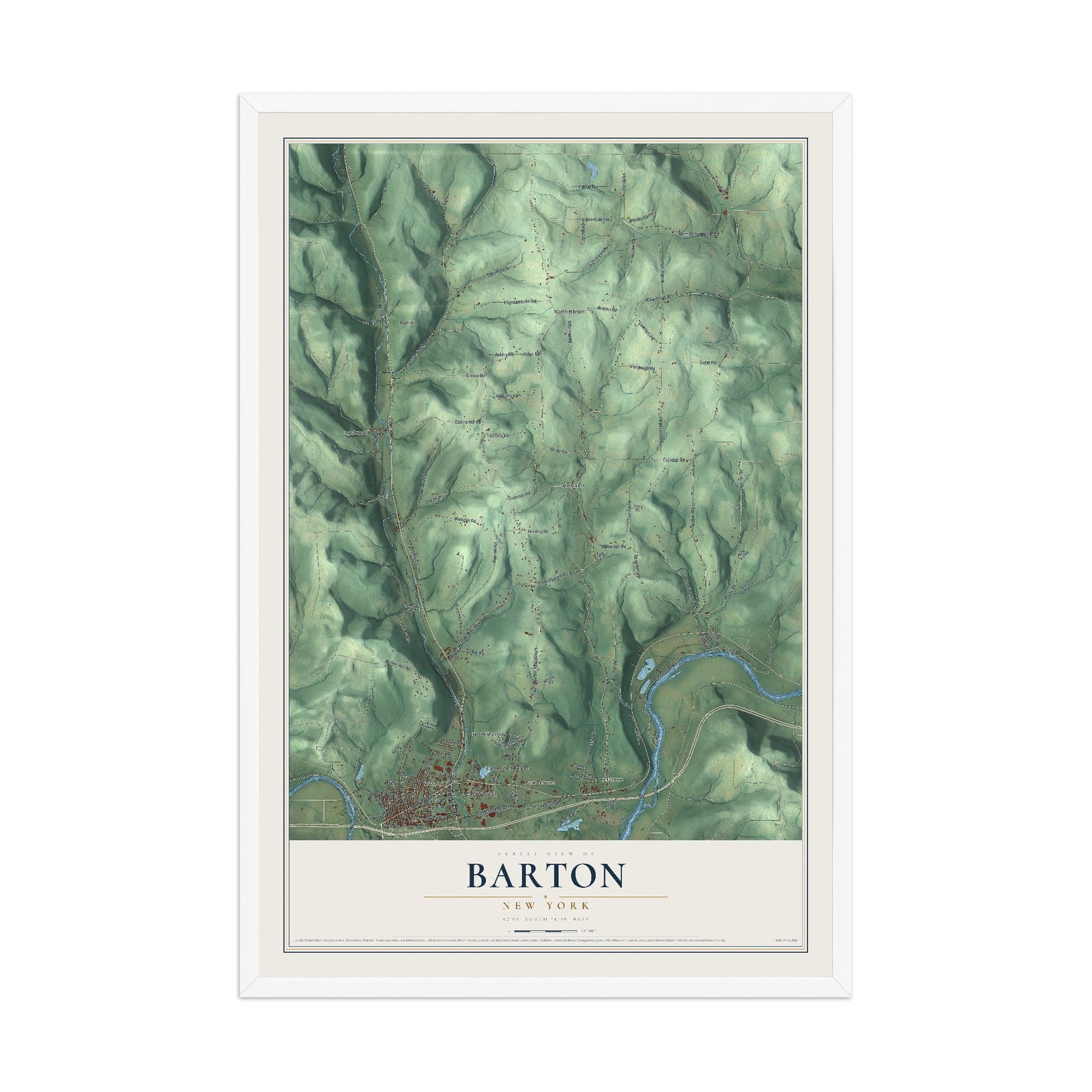 Barton, New York map print, 12" x 18" W/ White Ayous Wood Frame mockup
