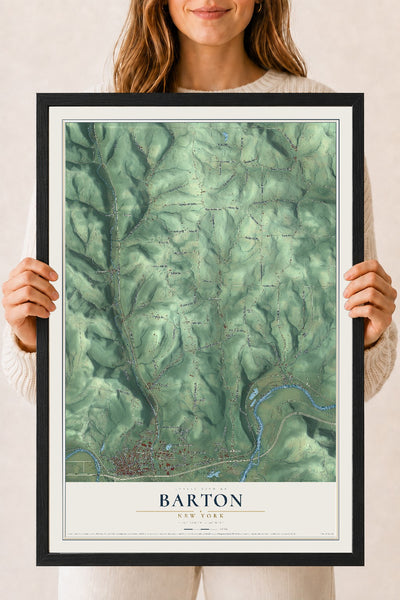 Barton, New York map print, 18" x 24" W/ Black Ayous Wood Frame mockup
