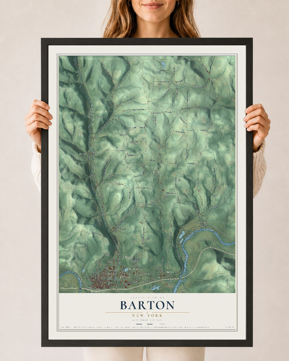 Barton, New York map print, 24" x 36" W/ Black Ayous Wood Frame mockup