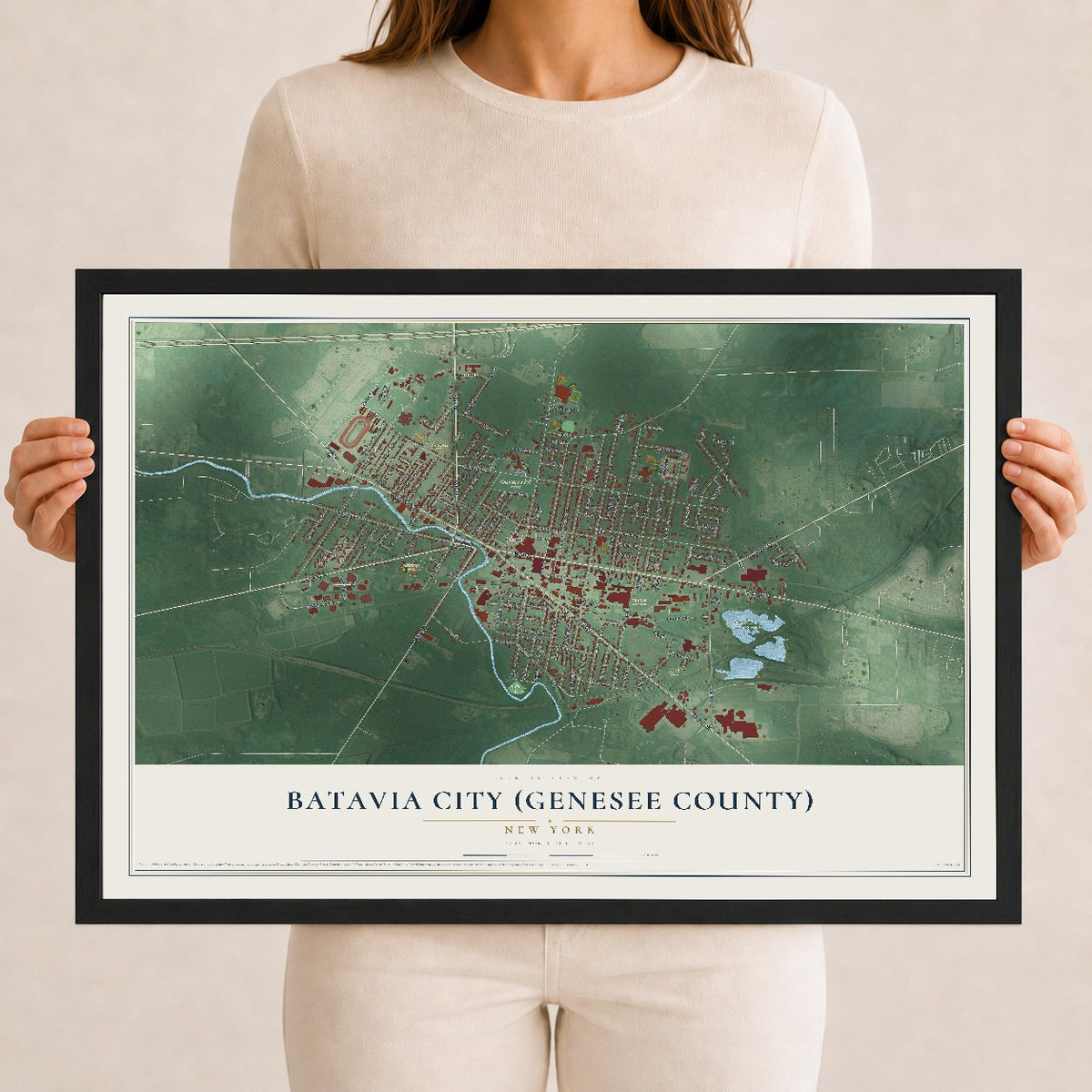 Batavia City (Genesee County), New York map print, 12" x 18" W/ Black Ayous Wood Frame mockup