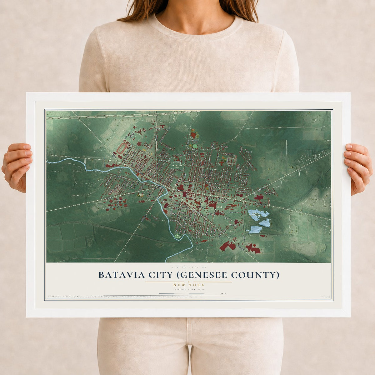 Batavia City (Genesee County), New York map print, 12" x 18" W/ White Ayous Wood Frame mockup