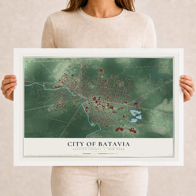 Map of the City of Batavia, Genesee County, New York, 12 x 18 inch print in a white wood frame
