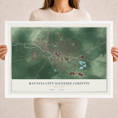 Batavia City (Genesee County), New York map print, 18" x 24" W/ White Ayous Wood Frame mockup