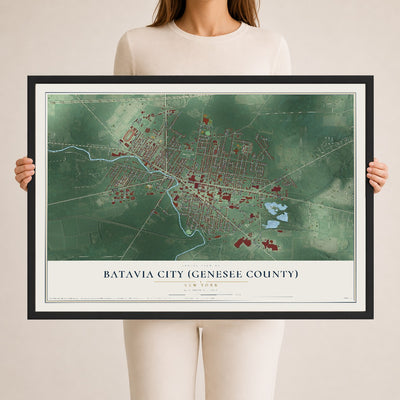Batavia City (Genesee County), New York map print, 24" x 36" W/ Black Ayous Wood Frame mockup