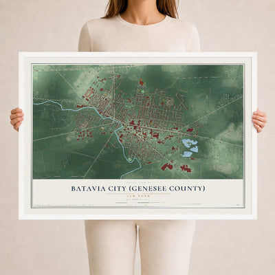 Batavia City (Genesee County), New York map print, 24" x 36" W/ White Ayous Wood Frame mockup