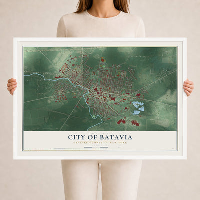 Map of the City of Batavia, Genesee County, New York, 24 x 36 inch print in a white wood frame