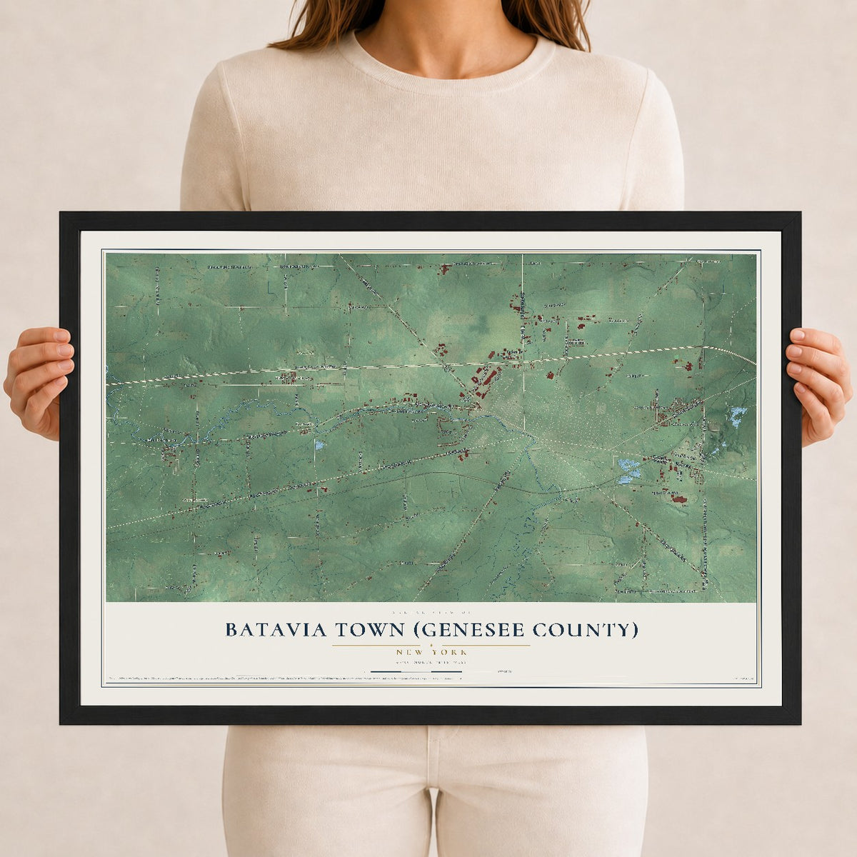 Batavia Town (Genesee County), New York map print, 12" x 18" W/ Black Ayous Wood Frame mockup