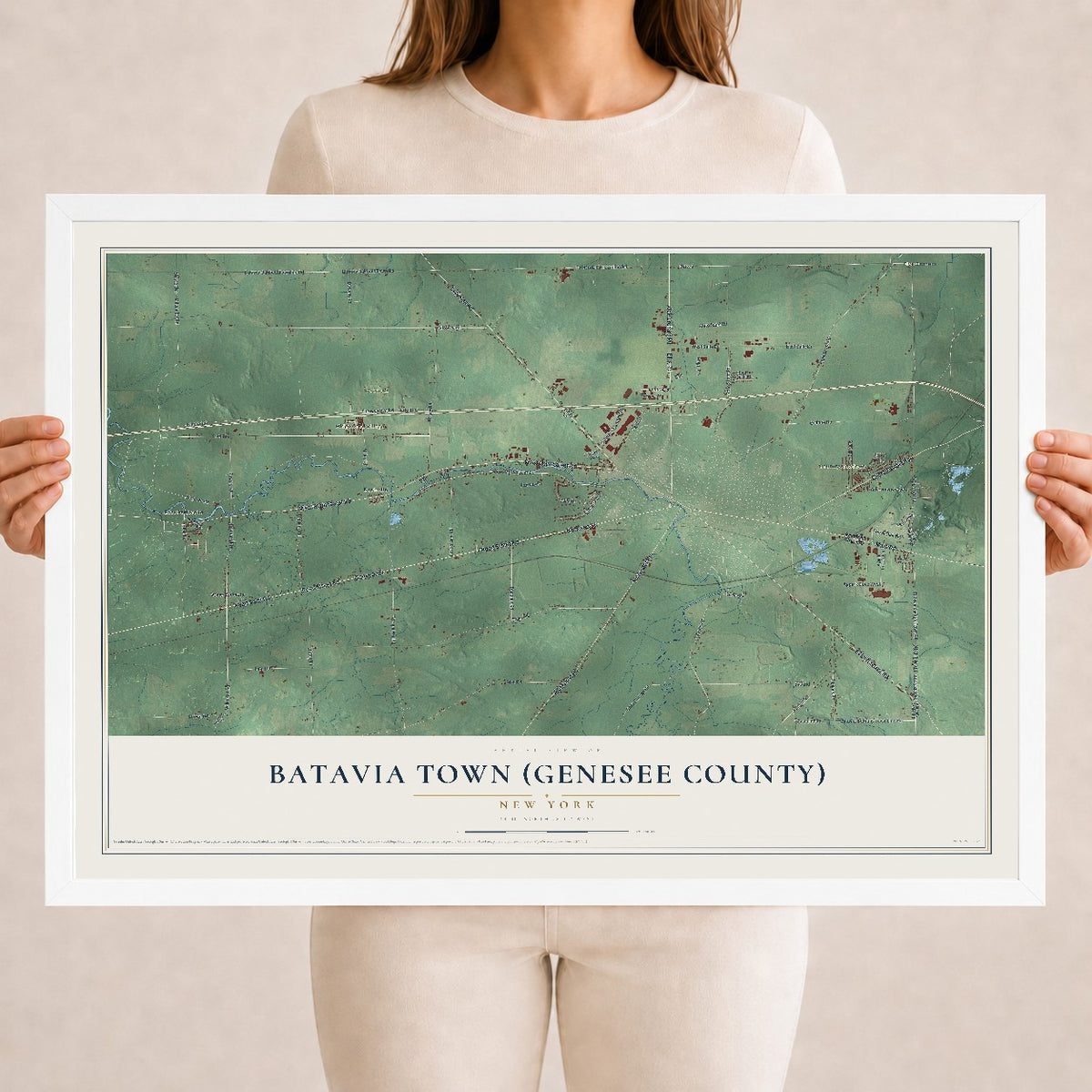 Batavia Town (Genesee County), New York map print, 18" x 24" W/ White Ayous Wood Frame mockup