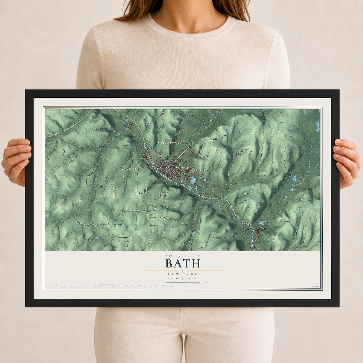 Bath, New York map print, 12" x 18" W/ Black Ayous Wood Frame mockup