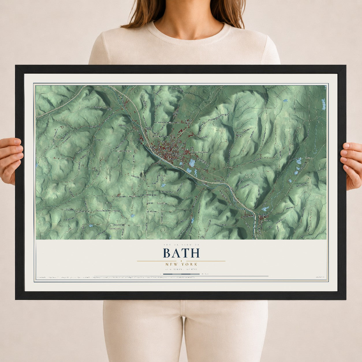 Bath, New York map print, 18" x 24" W/ Black Ayous Wood Frame mockup