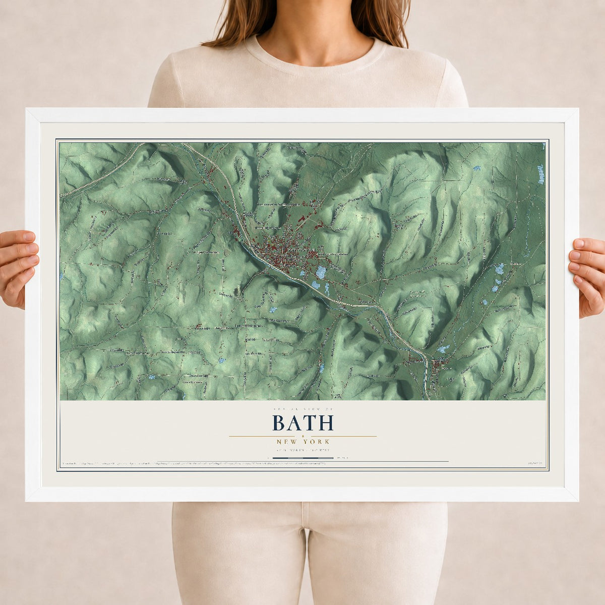 Bath, New York map print, 18" x 24" W/ White Ayous Wood Frame mockup
