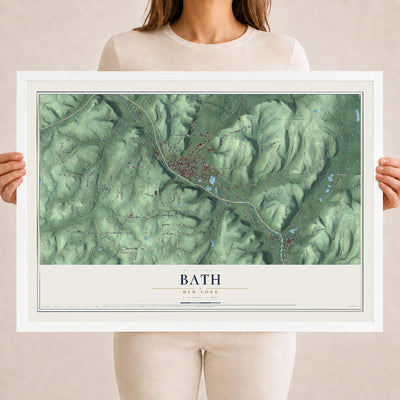 Bath, New York map print, 18" x 24" W/ White Ayous Wood Frame mockup