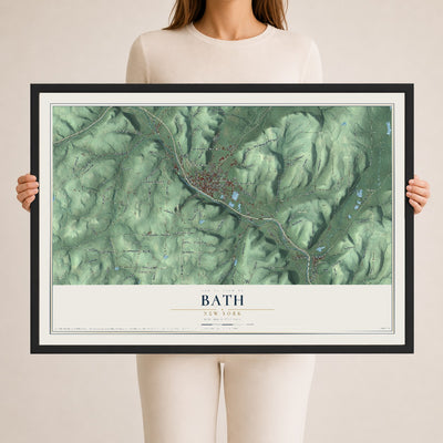 Bath, New York map print, 24" x 36" W/ Black Ayous Wood Frame mockup