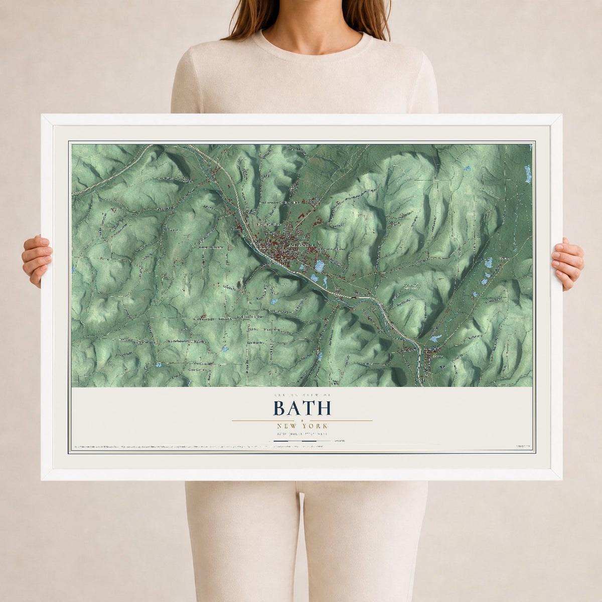 Bath, New York map print, 24" x 36" W/ White Ayous Wood Frame mockup