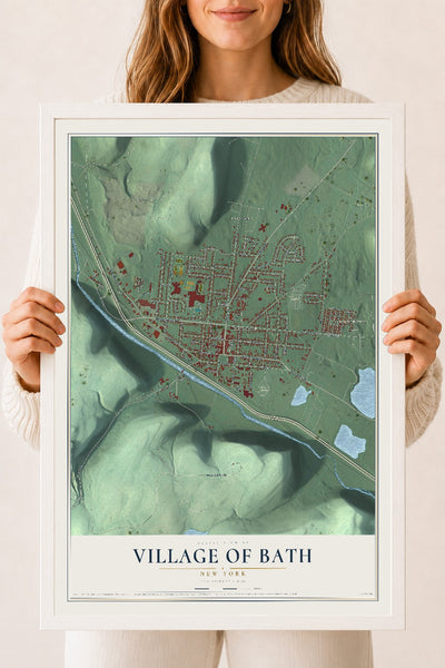 Bath, New York map print, 18" x 24" W/ White Ayous Wood Frame mockup
