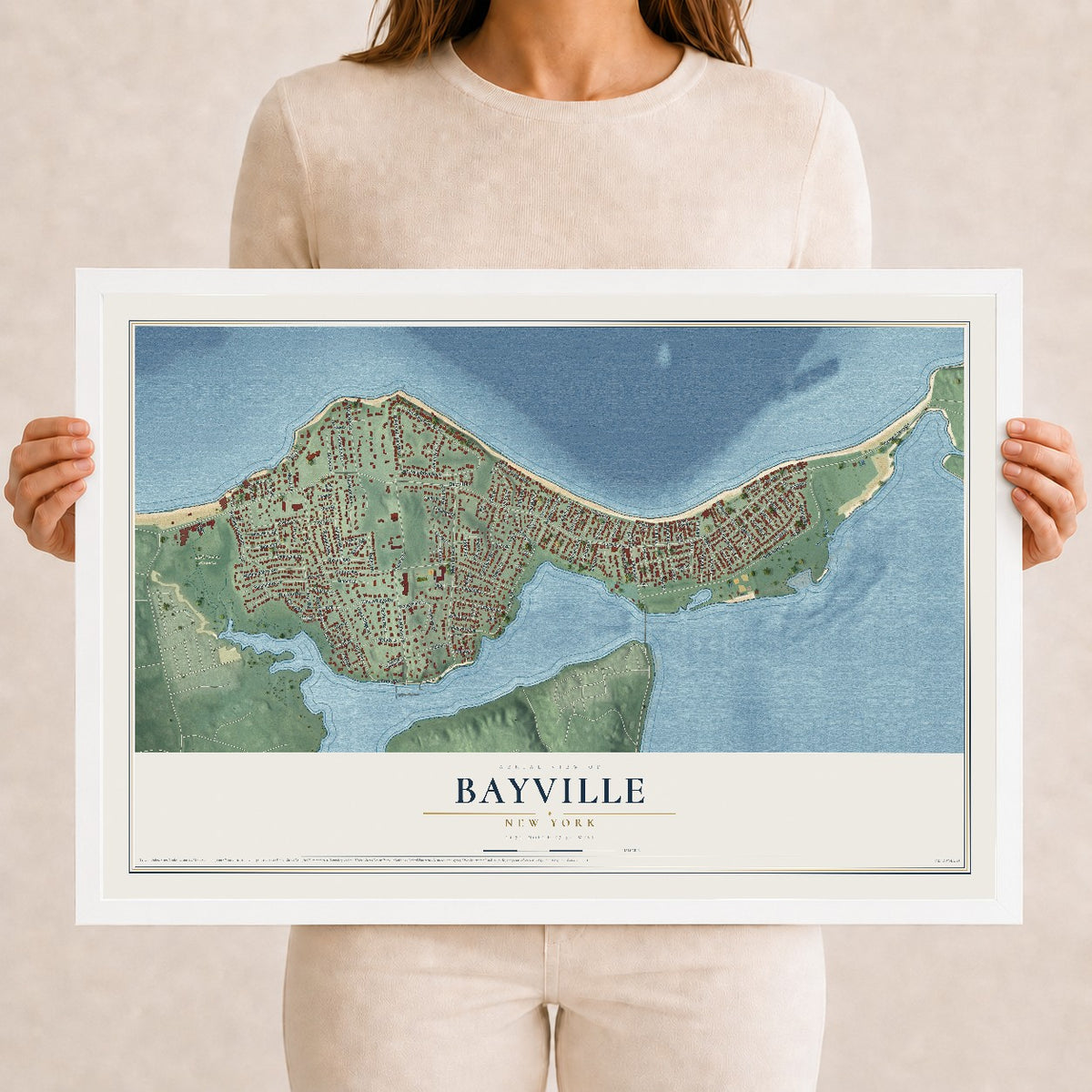 Bayville, New York map print, 12" x 18" W/ White Ayous Wood Frame mockup
