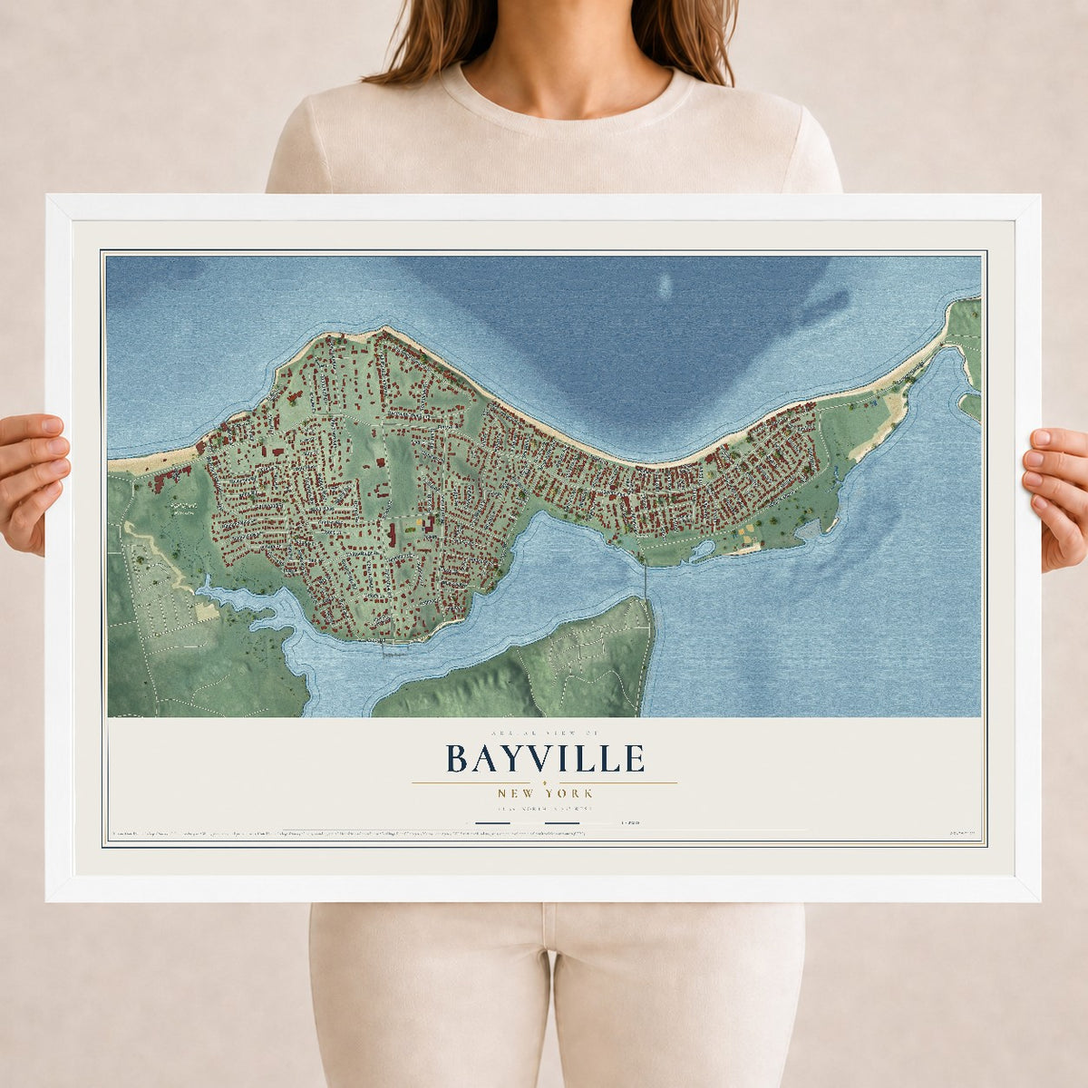 Bayville, New York map print, 18" x 24" W/ White Ayous Wood Frame mockup