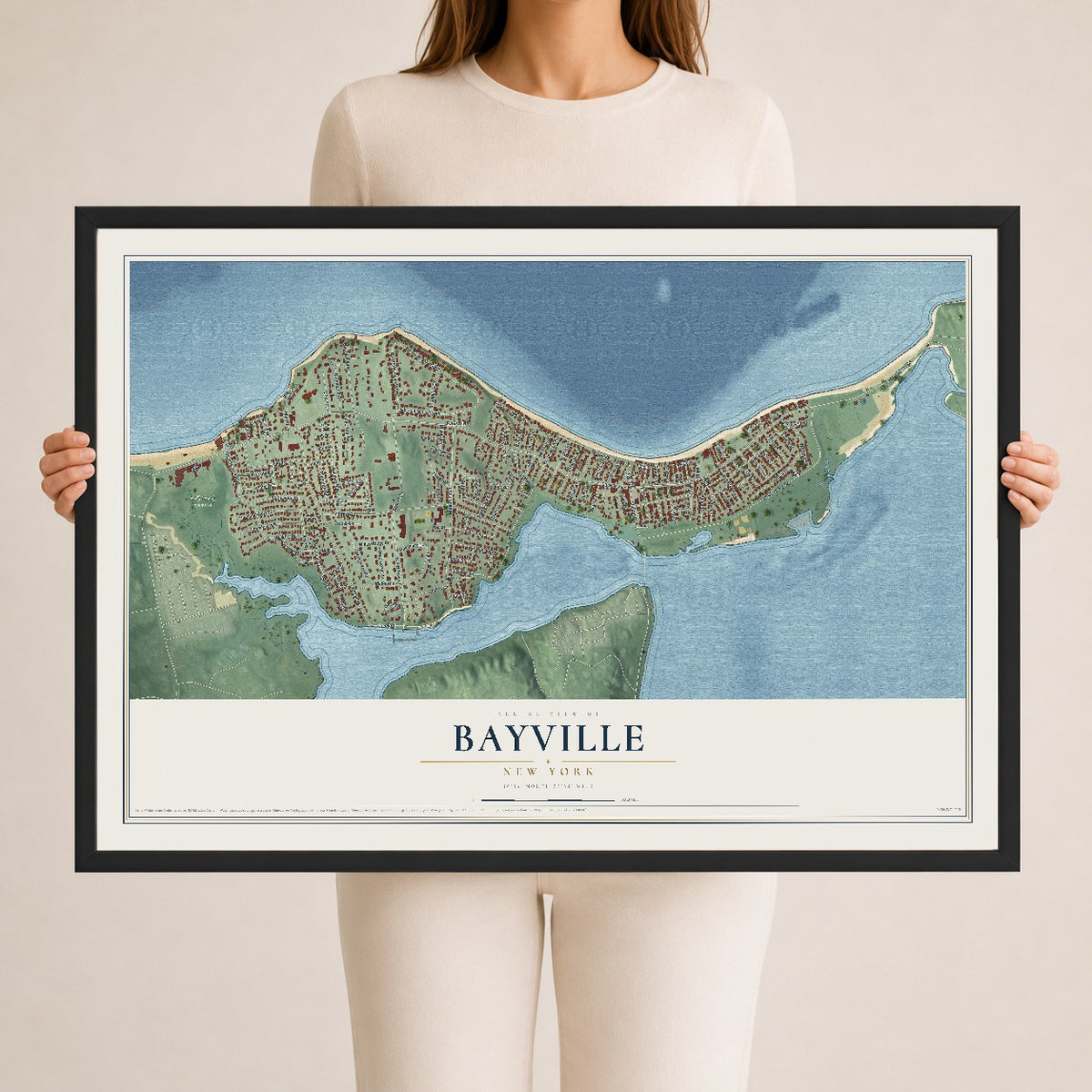 Bayville, New York map print, 24" x 36" W/ Black Ayous Wood Frame mockup