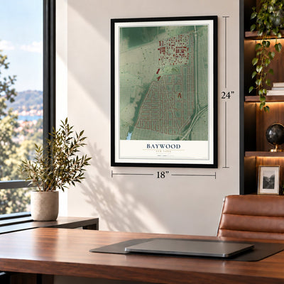 Baywood, New York map, 18 x 24 inch print in a black frame in a home office