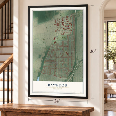 Baywood, New York map, 24 x 36 inch print in a black frame by a staircase