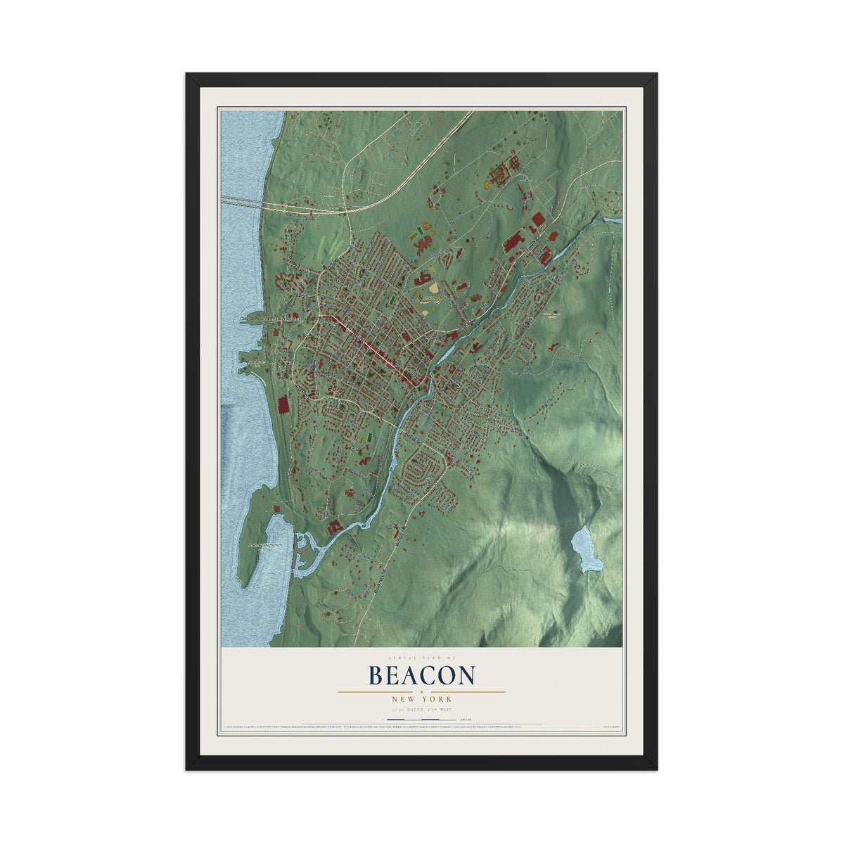 Beacon, New York map print, 12" x 18" W/ Black Ayous Wood Frame mockup
