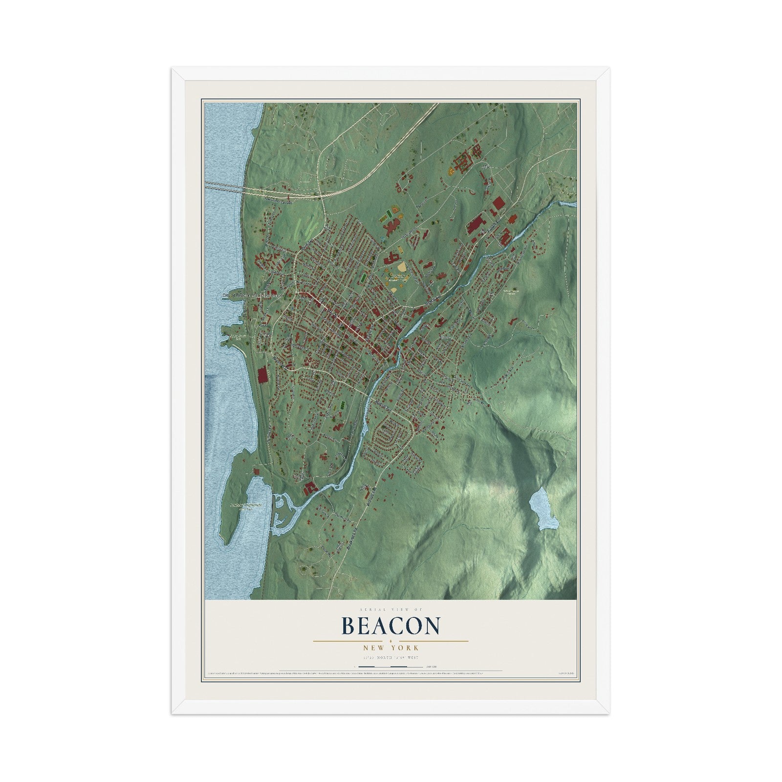 Beacon, New York map print, 12" x 18" W/ White Ayous Wood Frame mockup