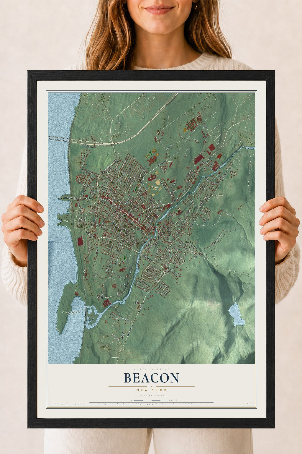 Beacon, New York map print, 18" x 24" W/ Black Ayous Wood Frame mockup