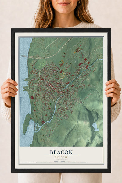 Beacon, New York map print, 18" x 24" W/ Black Ayous Wood Frame mockup