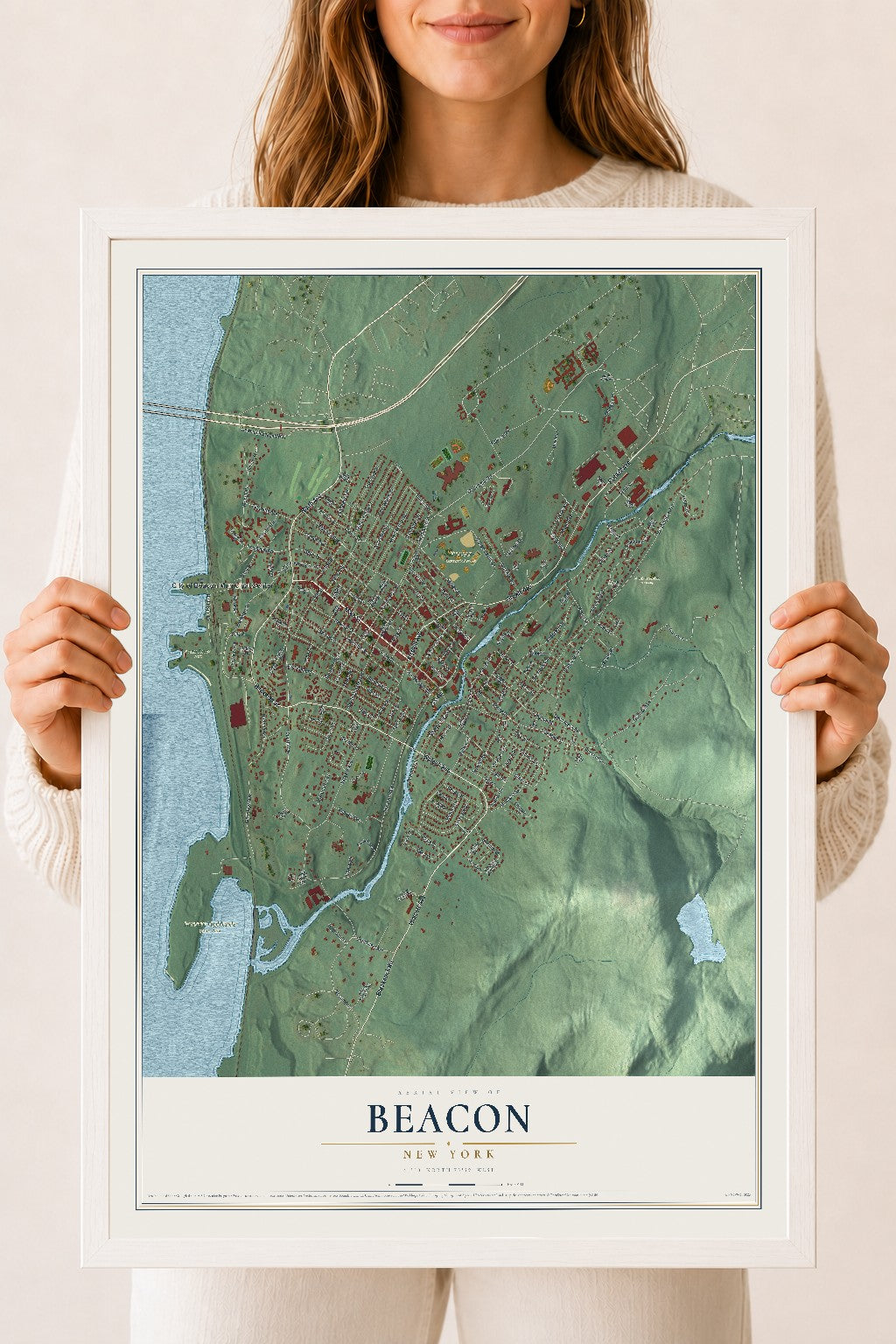 Beacon, New York map print, 18" x 24" W/ White Ayous Wood Frame mockup