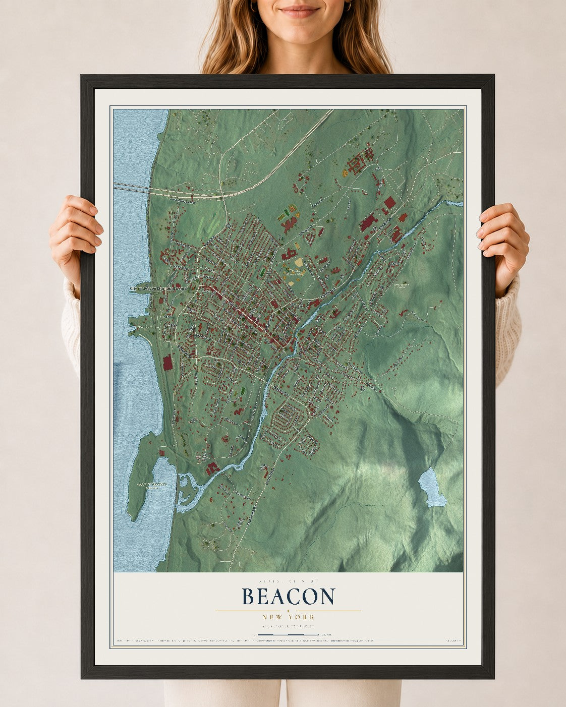 Beacon, New York map print, 24" x 36" W/ Black Ayous Wood Frame mockup