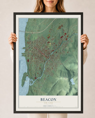 Beacon, New York map print, 24" x 36" W/ Black Ayous Wood Frame mockup