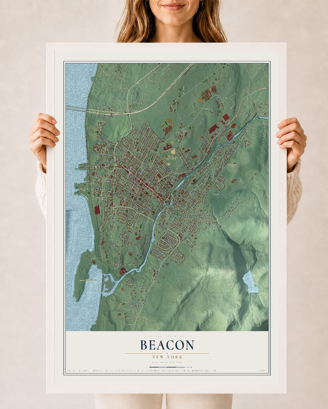 Beacon, New York map print, 24" x 36" W/ White Ayous Wood Frame mockup
