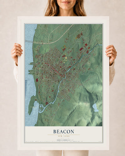 Beacon, New York map print, 24" x 36" W/ White Ayous Wood Frame mockup
