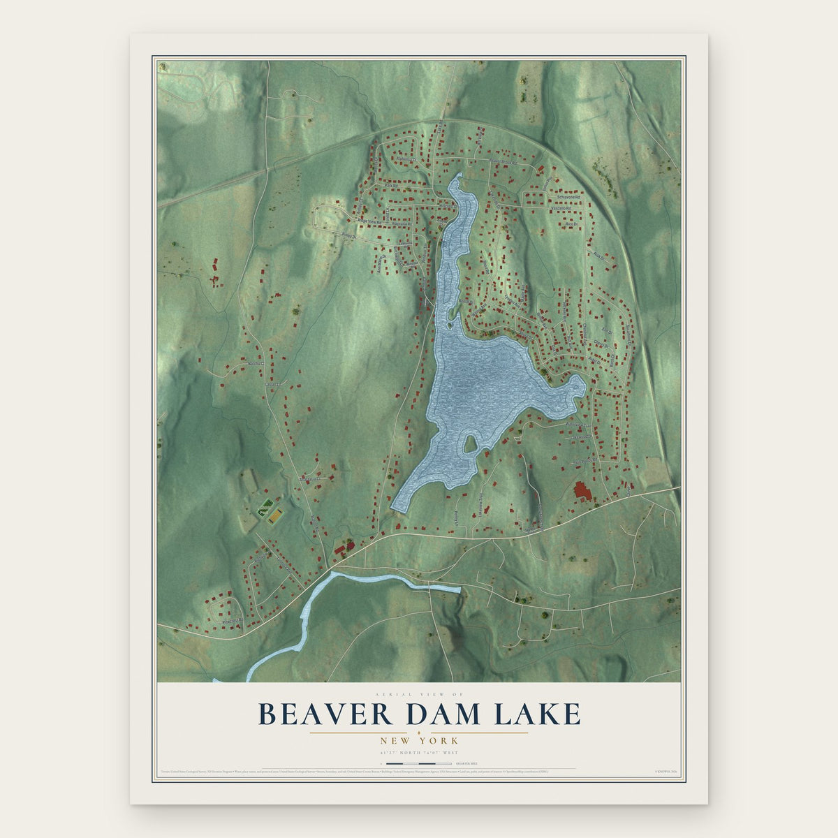 Beaver Dam Lake, New York map print, the full design