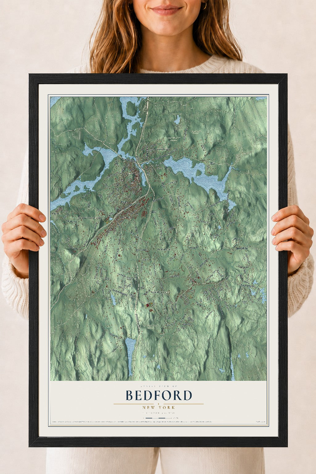 Bedford, New York map print, 18" x 24" W/ Black Ayous Wood Frame mockup