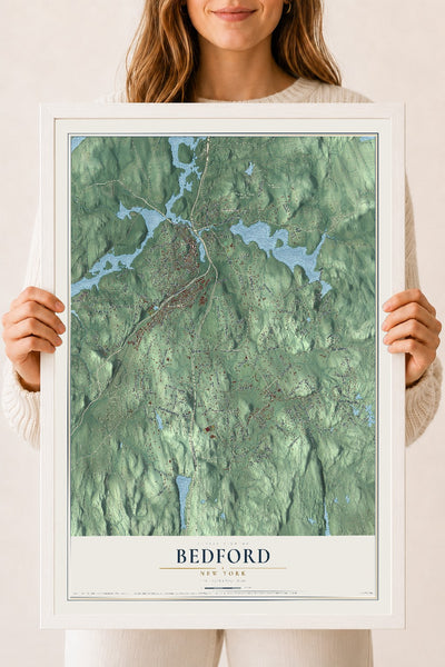 Bedford, New York map print, 18" x 24" W/ White Ayous Wood Frame mockup