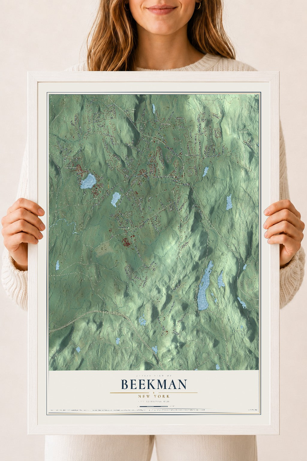 Beekman, New York map print, 18" x 24" W/ White Ayous Wood Frame mockup