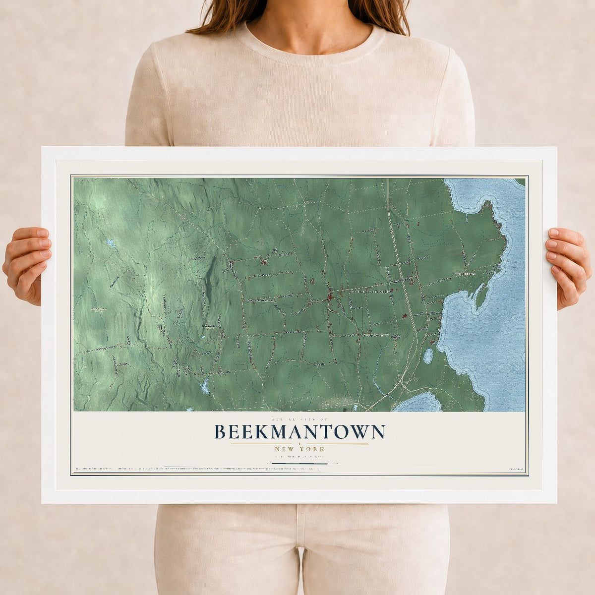 Beekmantown, New York map print, 12" x 18" W/ White Ayous Wood Frame mockup