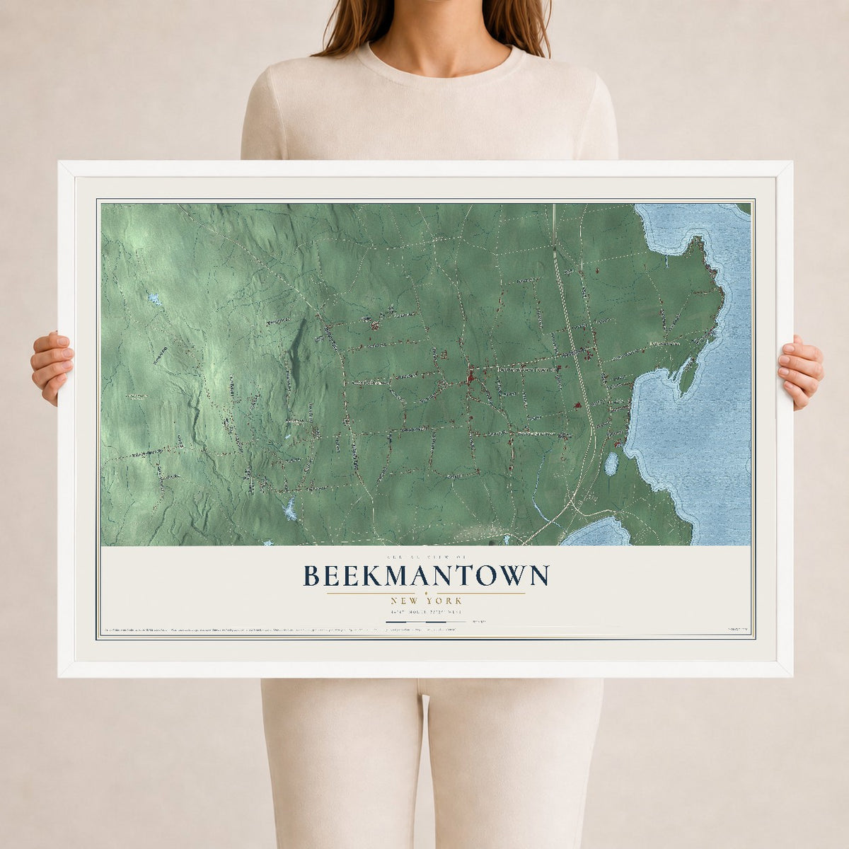 Beekmantown, New York map print, 24" x 36" W/ White Ayous Wood Frame mockup