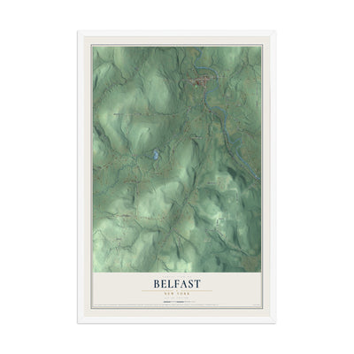Belfast, New York map print, 12" x 18" W/ White Ayous Wood Frame mockup