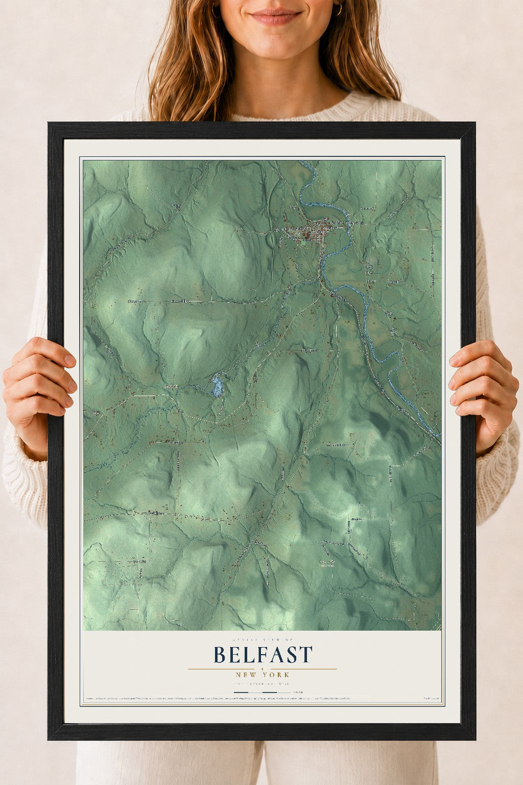 Belfast, New York map print, 18" x 24" W/ Black Ayous Wood Frame mockup