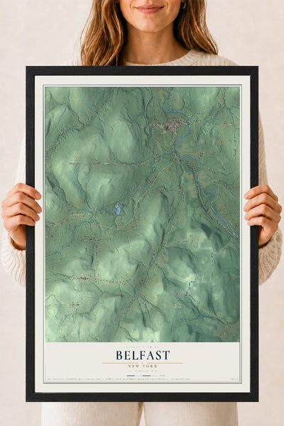 Belfast, New York map print, 18" x 24" W/ Black Ayous Wood Frame mockup