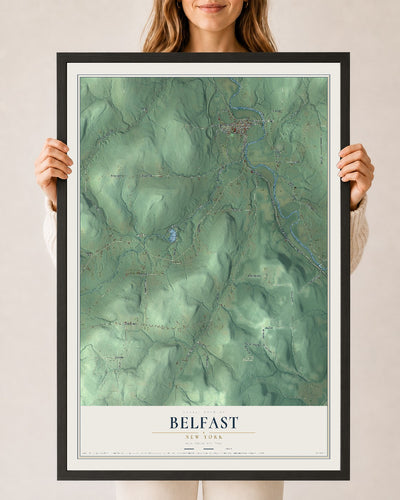 Belfast, New York map print, 24" x 36" W/ Black Ayous Wood Frame mockup