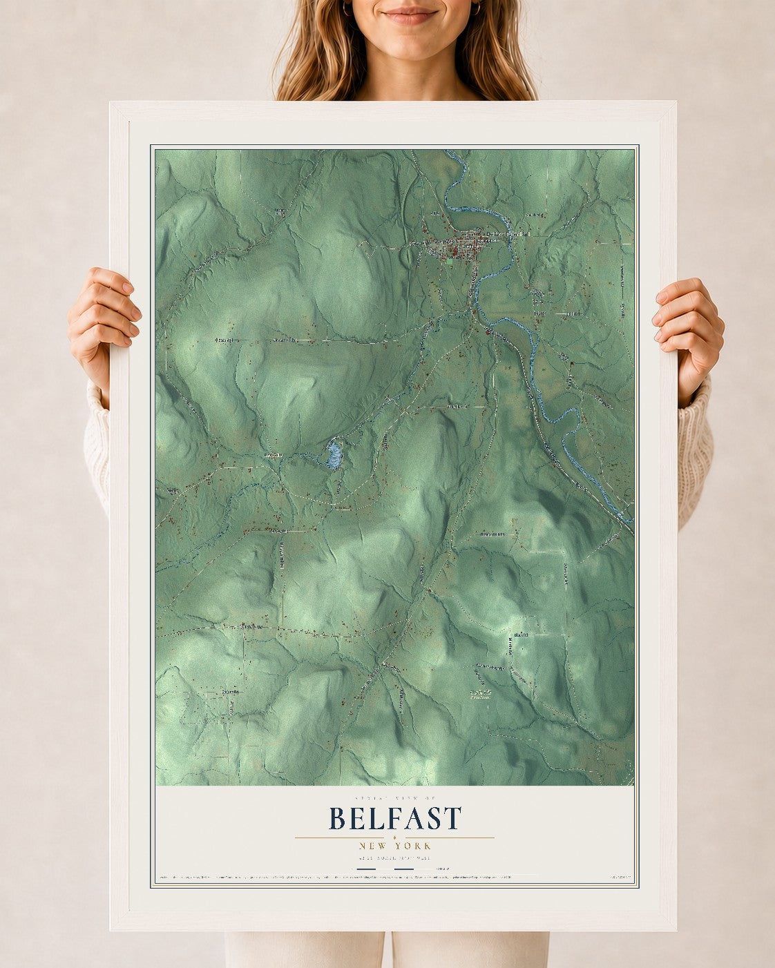 Belfast, New York map print, 24" x 36" W/ White Ayous Wood Frame mockup