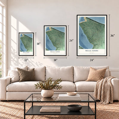 Belle Terre, New York map in 12 x 18, 18 x 24 and 24 x 36 inch sizes above a sofa