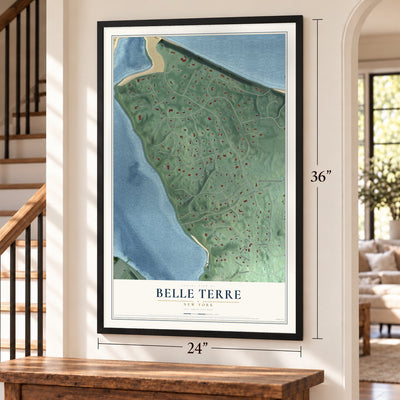 Belle Terre, New York map, 24 x 36 inch print in a black frame by a staircase