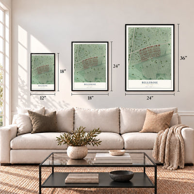 Bellerose, New York map in 12 x 18, 18 x 24 and 24 x 36 inch sizes above a sofa
