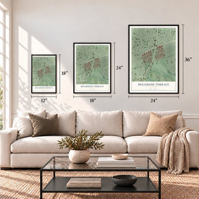 Bellerose Terrace, New York map in 12 x 18, 18 x 24 and 24 x 36 inch sizes above a sofa