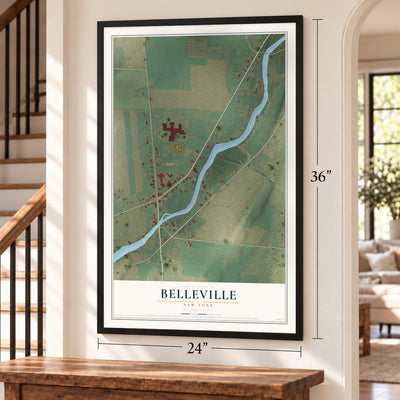 Belleville, New York map, 24 x 36 inch print in a black frame by a staircase